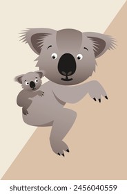 Ilustración vectorial con el bebé y la madre koala, gráfico de dibujos animados, osos de Koala