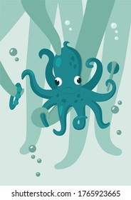 Vektorgrafik. Der Babytopus wird von seinen Eltern geschützt. Türkisfarben.