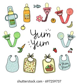Vector illustration of baby pacifier, bottle, bib. Baby feeding set. Cute children set isolated on white background