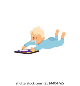 Vector illustration of a baby with a pacifier, lying and drawing on a tablet. Development, learning and children's addiction to gadgets. Flat style. Isolated background.