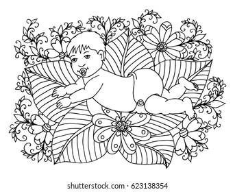 Vector illustration of a baby with a pacifier lying on leaves and flowers. The work is done manually. Coloring books antistress for adults and children. Black and white.