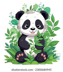 Vector illustration of Baby panda sitting among bamboo stem.