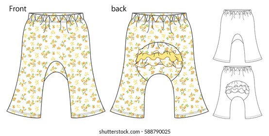 Vector illustration of Baby pants. Front and back views/ Seamless floral pattern