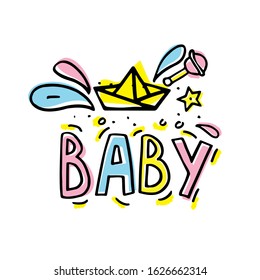 Vector illustration Baby  with paper boat isolated on white background. Concept in doodle hand drawn style. It can be used for poster, postcard, t-shirt print, invitation