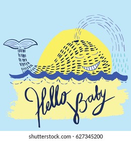 Vector illustration. Baby pattern. Vector handwritten brush script lettering with Ink spots Stain. Baby inscription: hello baby, T-shirt print