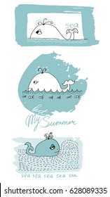 Vector illustration. Baby pattern. Vector handwritten brush script lettering with Ink spots Stain. Baby inscription: sea, my best summer, T-shirt print Stylized whale in the sea