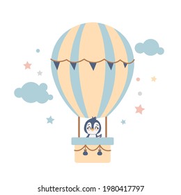 Vector illustration of a сute baby penguin flying in a hot air balloon isolated on a white background. Perfect for a poster, nursery clothing, postcard, children's pyjamas, print.