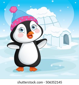 Vector Illustration Of Baby Penguin Standing Next To A Igloo