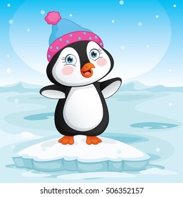 Vector Illustration Of Baby Penguin Standing On Ice