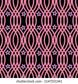 vector illustration. baby pink overlapping waves geometric pattern with tiny purple flowers seamless repeat pattern.