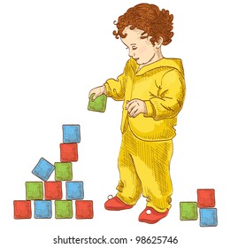 Vector illustration of a baby playing with blocks