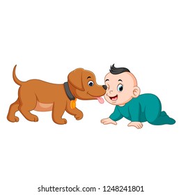 vector illustration of A baby playing with little dog