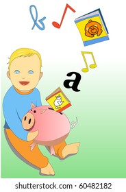  Vector illustration of baby playing with piggy bank and book
