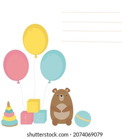 Vector illustration. Baby postcard. Set of baby's toys. Congratulation. Baby shower invitation