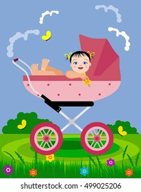 Vector Illustration. Baby in pram on a walk.
