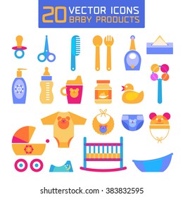 Vector illustration of baby products. Icons, symbols for newborns - toys, bed, cloths, baby soother, stroller etc