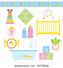 Vector illustration of baby products in pastel colors.