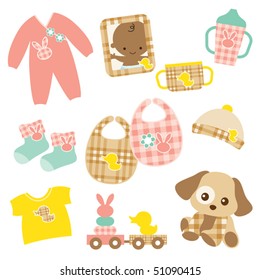 Vector illustration of baby products. Pink and brown plaid patterns are included in swatch.