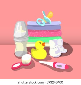 Vector illustration of baby products.accessories for kids .things for children care. maternal and newborn concept