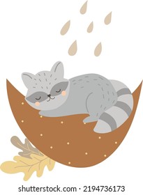 Vector illustration of a baby raccoon sleeping on the moon, autumn composition