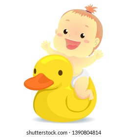 Vector Illustration of Baby riding a rubber duck