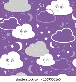 vector illustration baby seamless pattern. Children seamless pattern with cute clouds, stars on a purple background.