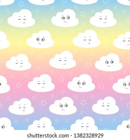 vector illustration baby seamless pattern. Children seamless pattern with cute clouds, stars on a multicolored background.