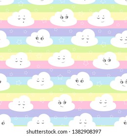 vector illustration baby seamless pattern. Children seamless pattern with cute clouds, stars on a multicolored background.