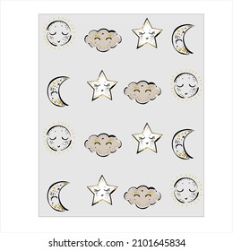 ilustración vectorial de bebé sin soldadura. Los niños tienen un patrón impecable con nubes lindas, estrellas de fondo gris.