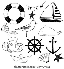 vector illustration baby set of marine elements, sea gull, boat, barnacles and octopus