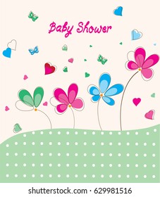 vector illustration of baby shower card with flowers and butterflies.