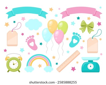 vector illustration of baby shower elements, including balloons, a rainbow, and baby feet. Ideal for creating custom designs, greeting cards, and social media graphics. Vector illustration