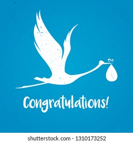 Vector Illustration baby shower frame. Stork carrying a cute baby in a bag. It's a boy. Baby boy announcement card template