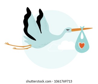 Vector illustration of a baby shower Invitation with stork. Stork carrying a cute baby in a bag. Can be used for cards, flyers, posters, t-shirts.