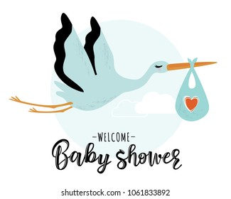 Vector illustration of a baby shower Invitation with stork. Stork carrying a cute baby in a bag. Can be used for cards, flyers, posters, t-shirts.