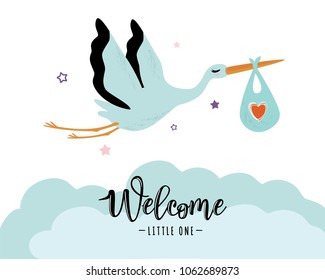 Vector illustration of a baby shower Invitation with stork. Stork carrying a cute baby in a bag. Can be used for cards, flyers, posters, t-shirts.