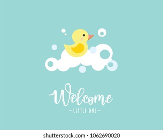 Vector illustration of a baby shower Invitation with a cute yellow duck. Stork carrying a cute baby in a bag. Can be used for cards, flyers, posters, t-shirts.