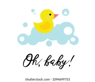 Vector Illustration Of A Baby Shower Invitation With A Cute Yellow Duck. Can Be Used For Cards, Flyers, Posters, T-shirts.