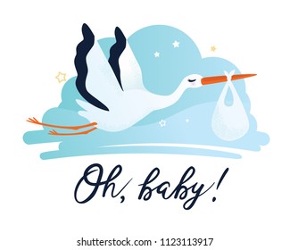 Vector illustration of a baby shower Invitation with stork. Stork carrying a baby in a bag. Can be used for cards, flyers, posters, t-shirts.