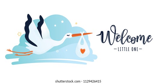 Vector illustration of a baby shower Invitation with stork. Stork carrying a baby in a bag. Can be used for cards, flyers, posters, t-shirts.