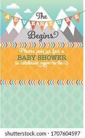 A vector illustration of a baby shower invitation background with mountains, tribal patterns and the words "The Adventure Begins"