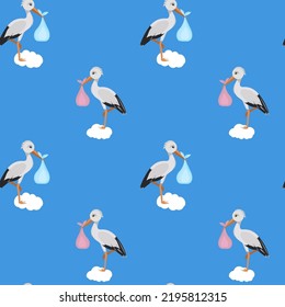 Vector illustration of baby shower invitation with stork. A stork carrying a baby in a pouch. Can be used for cards, flyers, posters, t-shirts.