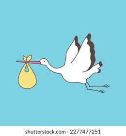 Vector illustration of baby shower invitation with stork. A stork carrying a baby in a pouch.