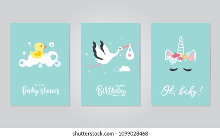 Vector illustration of a baby shower invitations set. Can be used for cards, flyers, posters, t-shirts.
