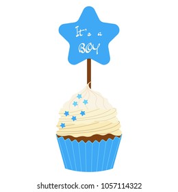 Vector illustration. Baby shower party design elements. Cupcake it's a boy.