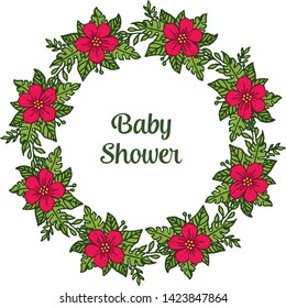 Vector illustration baby shower with red wreath frames isolated on white backdrop