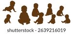 Vector illustration of baby silhouette crawling, sitting, playing with toy, infant development stages, child movement actions, black toddler clipart set
