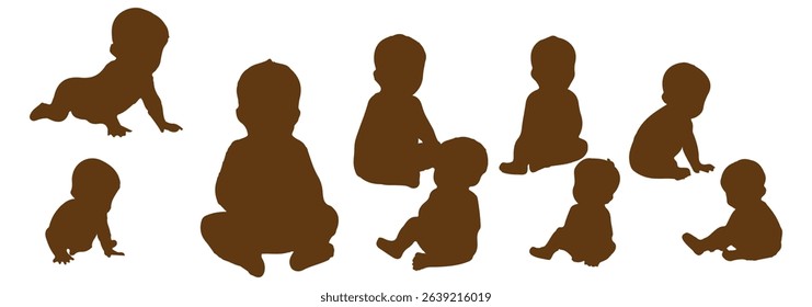 Vector illustration of baby silhouette crawling, sitting, playing with toy, infant development stages, child movement actions, black toddler clipart set