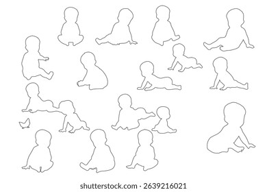 Vector illustration of baby silhouette crawling, sitting, playing with toy, infant development stages, child movement actions, black toddler clipart set