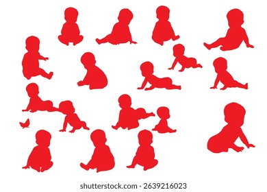 Vector illustration of baby silhouette crawling, sitting, playing with toy, infant development stages, child movement actions, black toddler clipart set